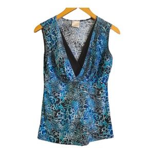 Tailor B Moss Womens Blue Black V-Neck Sleeveless Floral Top Size Small